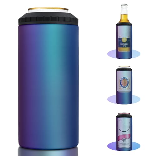 Image of 3 in 1 Slim Can Cooler for 12 OZ Skinny Can, Regular Can & Beer Bottle - Keep Cold for 6 Hours - Double Walled Insulated Stainless Steel Vacuum Beverage Insulator (Aurora)