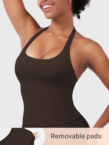 Image of YEOREO SoftHue Women's Impact Halter Tank Top Longline Backless Scoop Neck Built-in Bra Sports Workout Gym Crop Top