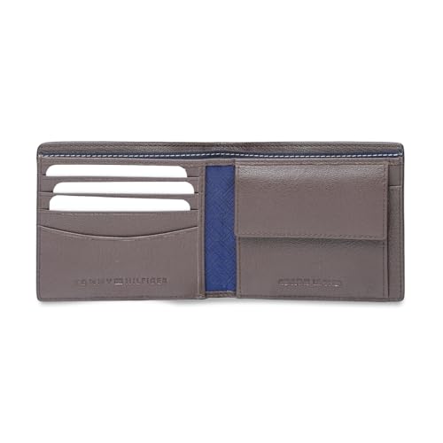 Image of Tommy Hilfiger Men's Leather Wallet Pelotas | Solid Brown Bi-Fold with Global Coin Pocket, 4 Card Slots | Stylish Purse for Gents