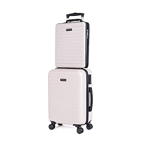 Image of Assembly Cabin Suitcase Small & Hard Shell Laptop Bag with Flat-Lay Opening, 8 Spinner Wheels, Premium Polycarbonate Hard Shell Carry On Luggage Combo for Business Travel, Ivory