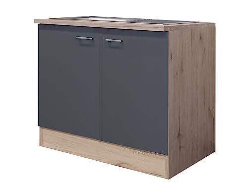 Flex-Well Smart Möbel Spülenunterschrank mit Arbeitsplatte & Spüle - 100 cm breit - Basaltgrau Matt San Remo Eiche