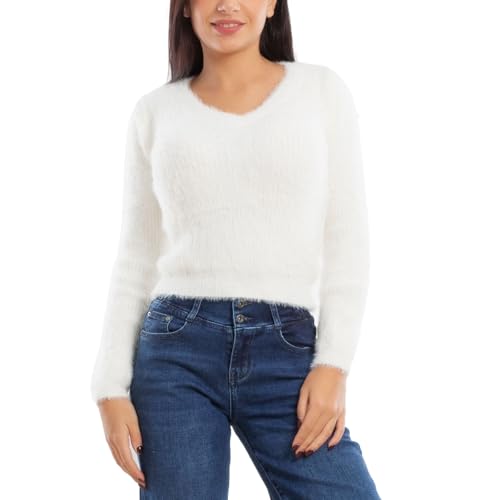 Toocool Pull Femme Poilu Pull Court Bodycon Hiver Col V 9390, crème, S-M