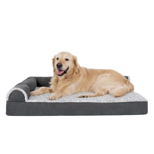 Furhaven Two-Tone Faux Fur & Suede L Shaped Chaise Egg Crate Orthopedic Foam Dog Bed - Stone Gray, Jumbo (X-Large)