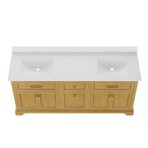 Deer Valley 72" Bathroom Vanity with Double Sink Top, Pre-Assembled Vanity with Soft-Close Drawers and Splash Guard, Pre-drilled 3-Hole, Expansive Storage, Natural Wood Color