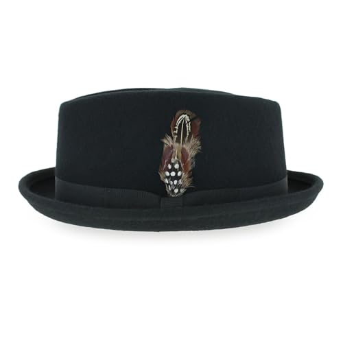 Belfry Crushable Porkpie Fedora Hat Men's Vintage Style 100% Pure Wool in Black Brown Grey Navy Pecan and Striped Band (US, Alpha, Large, Black)