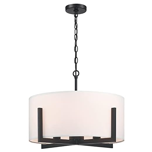 LAMPRESSION 4-Light Drum Chandelier for Kitchen Island and Dining Room Adjustable Hanging Height, 22" Matte Black Pendant Chandelier Light Fixture with White Fabric Shade