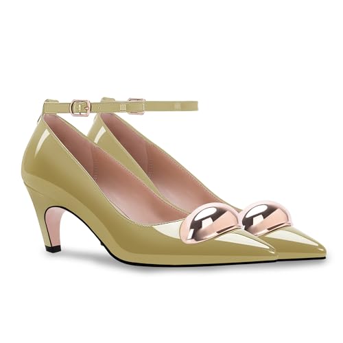 Women's Patent Leather Ankle Strap Kitten Heel Pumps Metal Decoration Closed Toe Dress Heels4