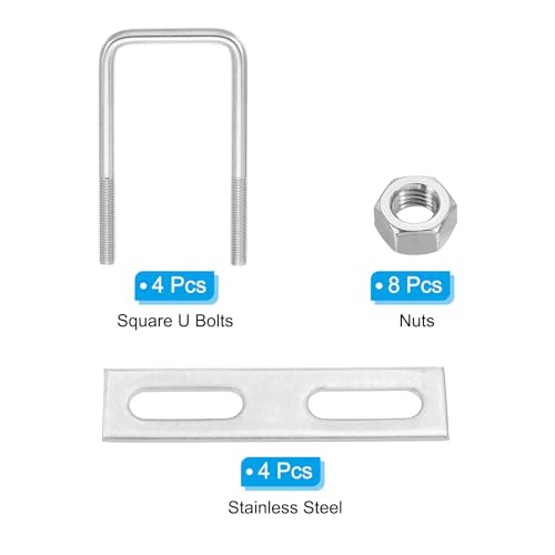 Image of PATIKIL M10x60x100mm Square U-Bolts Kit, 4Set 304 Stainless Steel Square U Shaped Bolts Replacement Parts with Frame Plates and Nuts for Ski Board Sailboat Trailer