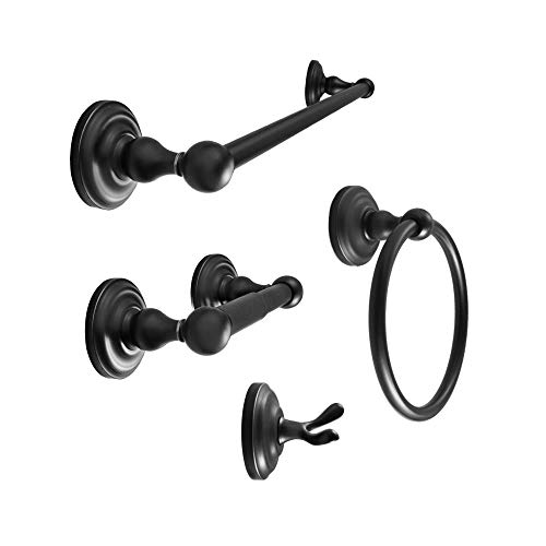 SENTO ROBIKI Black Bathroom Accessories Set, Bath Hardware, Includes Robe Hook, Toilet Paper Holder, Towel Ring, 18â€ & 24â€ Towel Bar, Duty Metal Bath Hardware Set Wall Mounted (4-Piece, Matte Black)