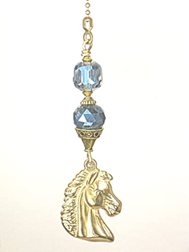Image of Western Plains Brass Horse with Blue Lampwork Glass Light or Ceiling Fan Pull