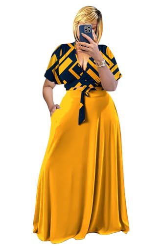 Image of Plus Size Women's 2 Piece Outfits Casual Short Ruffle Sleeve Wrap Crop Top Maxi Long Dress Flowy Matching Sets