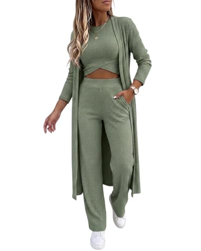 CHICME Women's 3 Piece Pants Set Loungewear Ribbed Criss Cross Top with Cardigan for Travel Vacation Airport Outfits-ag-M