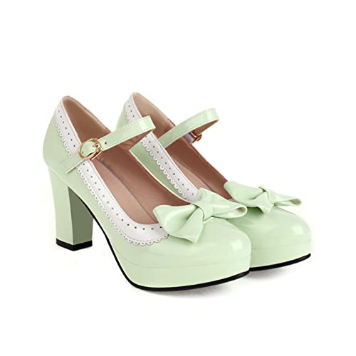 Image of FOREADA Lolita Bow Platform High Heel Women Rockabilly Mary Jane Dress Pump | Boasts soft kawaii retro vintage lolita tea party aesthetic, with block heel ,bow, round toe versatile style for dress wear