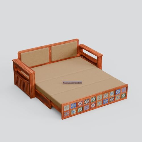 Image of Wooden Sofa Cum Bed for Living Room | Convertible Sofa Bed with Storage | 3 Seater Foldable Sleeper Sofa | Solid Wood Pull Out Sofa Bed with Mattress for Home & Guest Room (Honey, Anna)