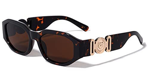 Dweebzilla Slim Oval Gold Tiger Head Medallion Luxury Sunglasses (Brown Tortoise & Gold Metallic Frame, Brown Lenses)