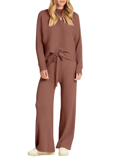 Image of ANRABESS Women's Two Piece Outfits Crop Top Wide Leg Pants Cozy Knit Sweater Lounge Sets 2024 Fall Trendy Travel Clothes Coffee Medium
