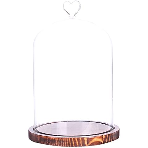 Moonlear Clear Glass Dome Display Case Heart Handle Cloche with Wood Base Dia 6" H 8.5" (Coffee Wood Base) Cover