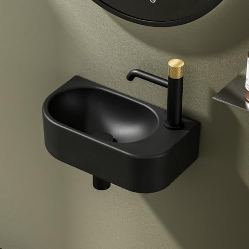EMKE Lavabo de Cerámica 400 x 215 x 120 mm, pequeño, Lavamanos para montar, grifo a la derecha, lavabo suspendido para fijar en la pared para WC de invitados y baño, negro mate