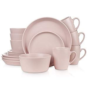 Stone Lain Albie Stoneware 16-Piece Modern Dinnerware Set, Kitchen Plates and Bowls Sets, Dish Set for 4, Pink