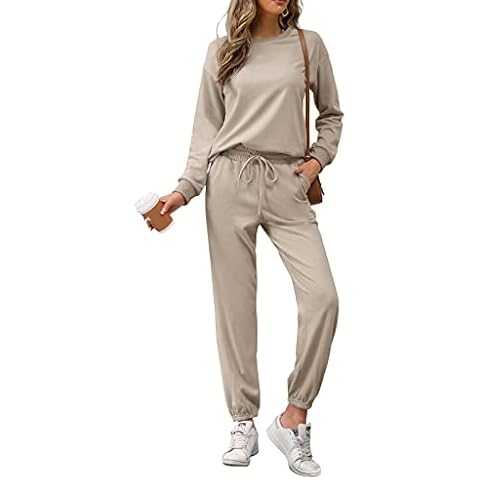 REORIA Womens Long Sleeve Crewneck Solid Color Two Piece Outfit Hoodie Jogger Tracksuit Set Sweatshirt & Sweatpants Khaki M Cover