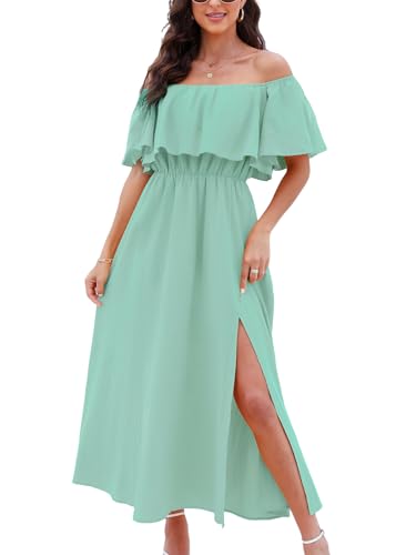 Image of CUPSHE Women Ruffle Floral Maxi Summer Dress Off Shoulder Short Sleeve Backless Flounce Bodice Slit Hem Beach Dresses