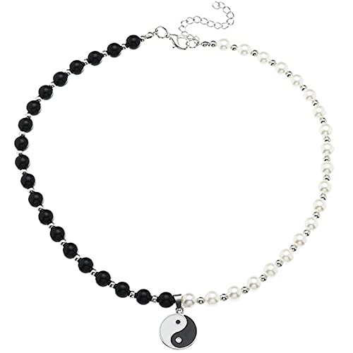 caiyao Minimalist Yin Yang Pendent Long Half Pearl Metal Beads Link Chain Adjustable Necklace Friendship Couple Punk Cool Simple Choker Jewelry for Women Men-Pearl