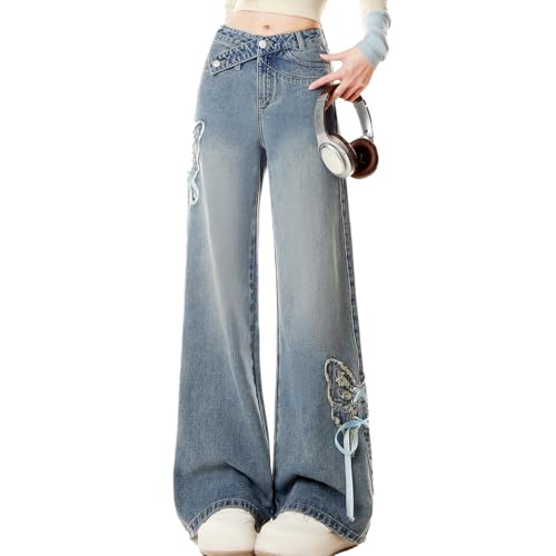 Kawaii Casual High Waisted Straight Leg Jeans for Women Y2K Fashion Side Butterfly Patchwork Denim Pants