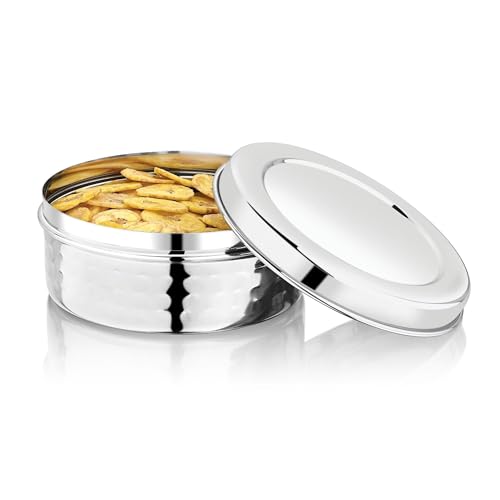 Image of Vinod Hammered Stainless Steel Puri Dabba | 1000ml Capacity, 14.5cm Dia | Hammered Finish Multipurpose Stainless Steel Flat Storage Container for Puri, Snacks, Dry Food, Tiffin & Travel Use