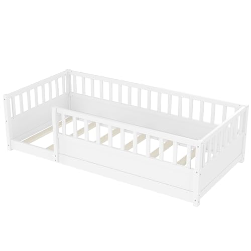 Image of Twin Size Kids Montessori Floor Bed Frame with High Fence,White
