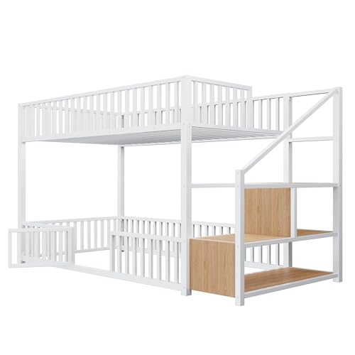 Image of Bellemave Metal Bunk beds Twin Over Twin with Guardrail and Storage Stairs, Floor bunk Bed with guardrail for Kids, White