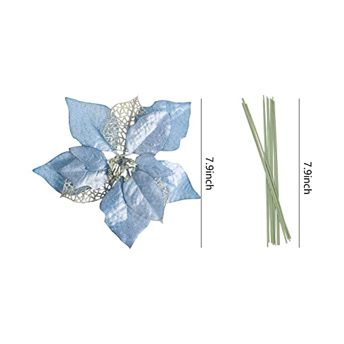 Festivous Wishel Pack Of 12 Glitter Artificial Wedding Christmas Flowers Glitter Poinsettia Christmas Tree Ornaments (Blue) #TOP1