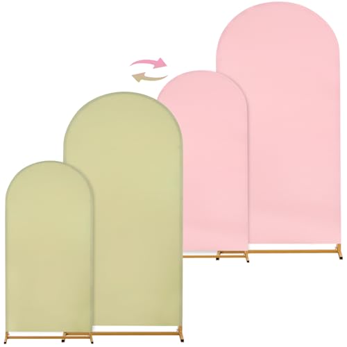 Image of Arch Backdrop Cover Set of 2(6ft /7.2ft) Double Color Wedding Arch Cover Spandex Fitted Arch Covers,Round Top Arch Backdrop Cover for Baby Shower Gender Reveal Boy or Girl Decoration(Pink&Green)