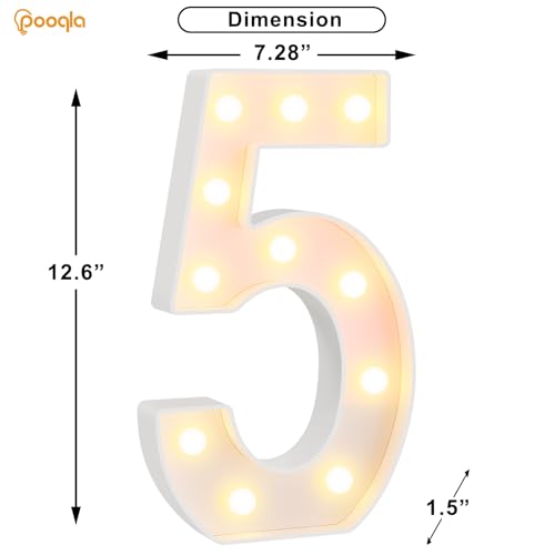 Image of Pooqla Large Light Up Numbers for 5th Birthday Decorations, 12.6 in Tall White Plastic Marquee Numbers Sign Party Decorations, Gift for Girls Boys Night Light Wedding Anniversary Decor, Big Number 5