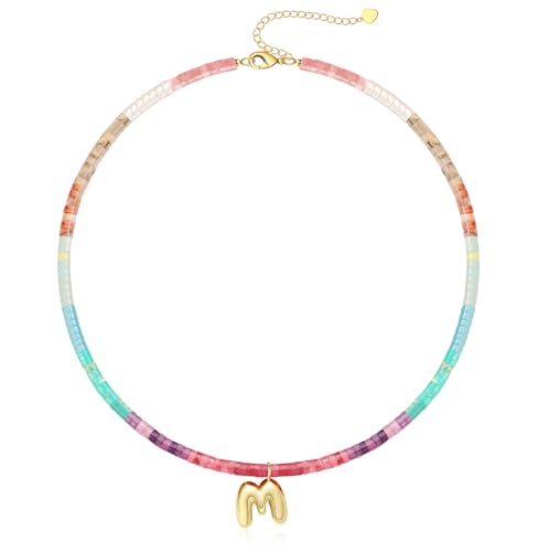 Beaded Initial Necklaces for Women Teen Girl Gifts Trendy Stuff Colorful Gemstone Choker Necklace with Bubble A-Z Stocking Stuffers for Teens Christmas Gifts for Her Birthday Summer Beach Jewelry for Daughter Sister Friend