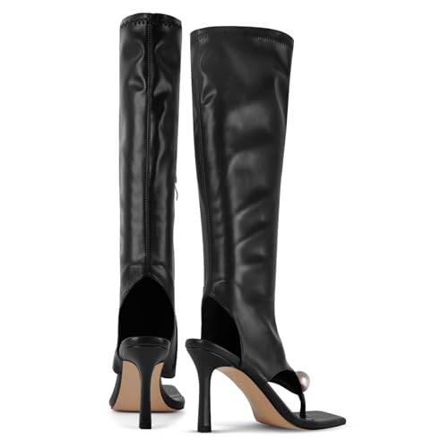 sexytag Women's Square Open Toe Thong Sandals Knee High Pearl Stretch Stiletto Kitten Heels Openback Sandal Boots3