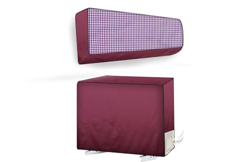 Image of The Furnishing Tree Split AC cover for indoor and outdoor unit of 1.5 ton waterproof and dustproof Maroon Pin Check pattern