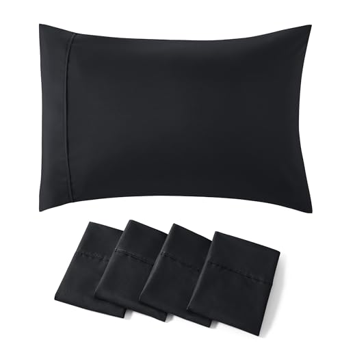 Bedsure Pillow Cases Standard Size Set of 4 - Black Brushed Microfiber Pillowcases 4 Pack, Super Soft and Cozy Pillow Case Covers with Envelope Closure, Wrinkle, Fade and Stain Resistant, 20x26 Inches