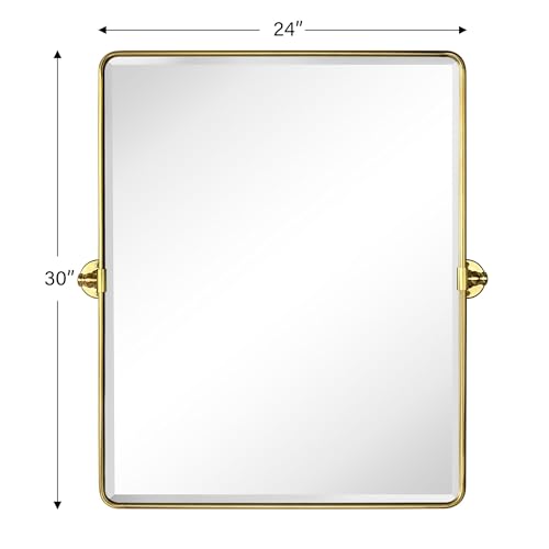 Image of Farmhouse Pivot Rectangle Bathroom Mirror Brushed Gold Metal Framed Tilting Beveled Vanity Mirrors for Wall, Overall 27.91x 30 inches (Mirrror 24 x 30 inches)