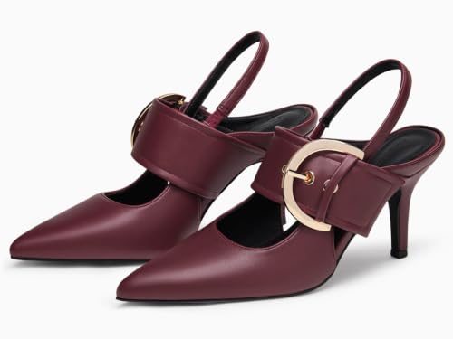 Image of Coutgo Womens Slingback Pumps Closed Pointed Toe High Heels Belt Buckle Strap Dressy Work Shoes