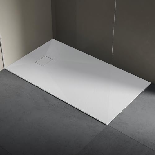 Piatto doccia effetto pietra in resina struttura a nido d'ape riducibile con piletta di scarico (140x70, Bianco)