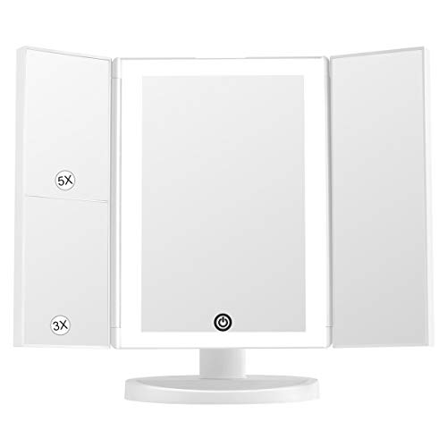 KEDSUM LED Tri-fold Lighted Vanity Mirror, 3 Color Lighting Modes Makeup Mirror with Lights, 1X/3X/5X Magnifying, 180 Degree Rotation, Lighted Vanity Mirror with 10X Pocket Mirror, Touch Control