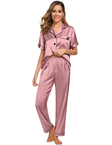 Image of SWOMOG Women Satin Pajamas Set Short Sleeve Top & Pants Sleepwear Silky Button Down Nightwear 2pcs Loungewear Pjs Set