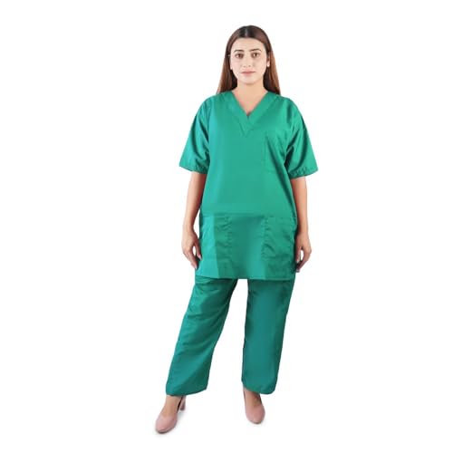 Image of Comfort Scrub Suit for Women - 5-Pocket Set with V Neck Top & Bottom, Half Sleeves, Breathable Fabric - Durable Uniform for Doctors, Nurses, and Dentists in Navy Blue (L, GREEN)