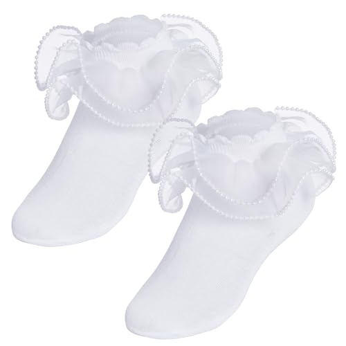 2 Pack Girls Frilly Ruffle Socks Cute Pearls Lace Socks for Toddler Little Girls Dress and Daily