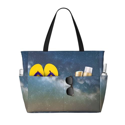 Starry Night Sky Outer Space Print Beach Tote Bag Waterproof Large Bags With Zipper Big Capacity For Vacation Travel