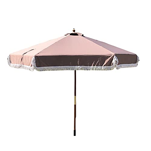 Formosa Covers 9ft 6 Ribs Replacement Umbrella Canopy w/Fringe Luxurious Bohemian Valance for Outdoor Decor, Entertainment and Poolside (CANOPY ONLY) (Taupe)