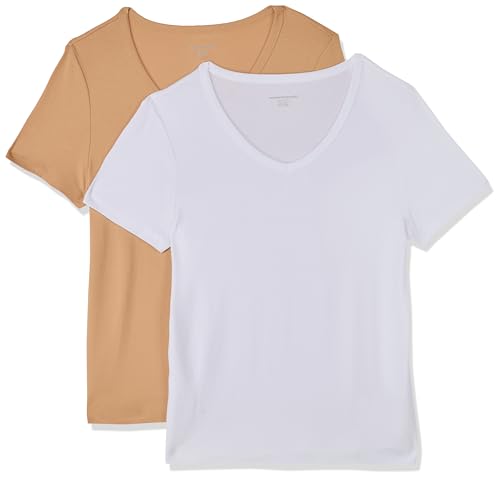 Amazon Essentials Women's Slim-Fit Short-Sleeve V-Neck T-Shirt, Pack of 2, White/Light Camel, Medium