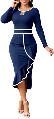 Image of Women's Elegant Church Vintage Bodycon Dress Casual Long Sleeve Work Business Pencil Split Sheath Midi Dresses
