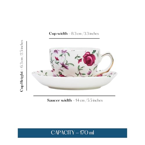 Image of Golden Queen's Cup & Saucer Set | Perfect for Hosting & for Tea /Coffee Lovers | Handcrafted in India, Inspired by Florals & 24-Carat Gold Detailing | 6 Cups & 6 Saucers |170 ml - Button Rose