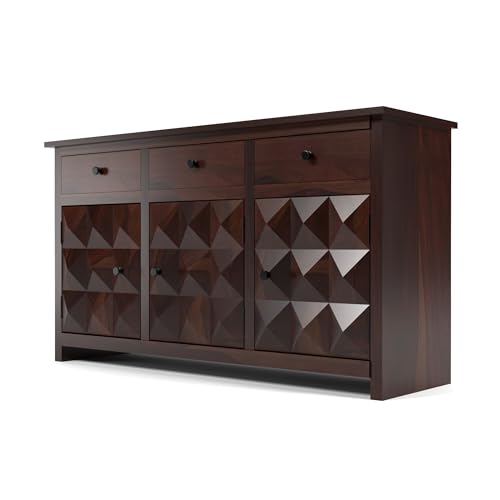 Image of Solid Sheesham Wood Wooden Sideboard Storage Cabinet & Chest of Drawer : Ideal for Living Room and Bedroom with 3 Drawers and 3-Shelf Storage (Morse, Walnut Finish)